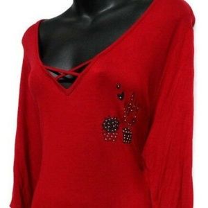 Pink Pony Women's Short 3/4 Sleeve V-Neck Red Top